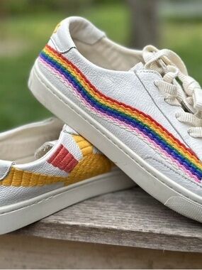 Soludos White Leather Sneakers with Embroidered Sunrise & Rainbow. Rainbow wave